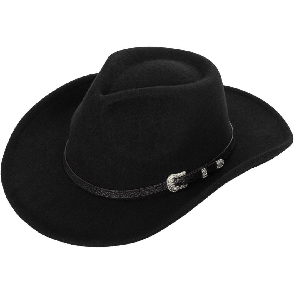 Women's Black Western With Leather Band Belt Classic Fedora Felt Cowboy Hat